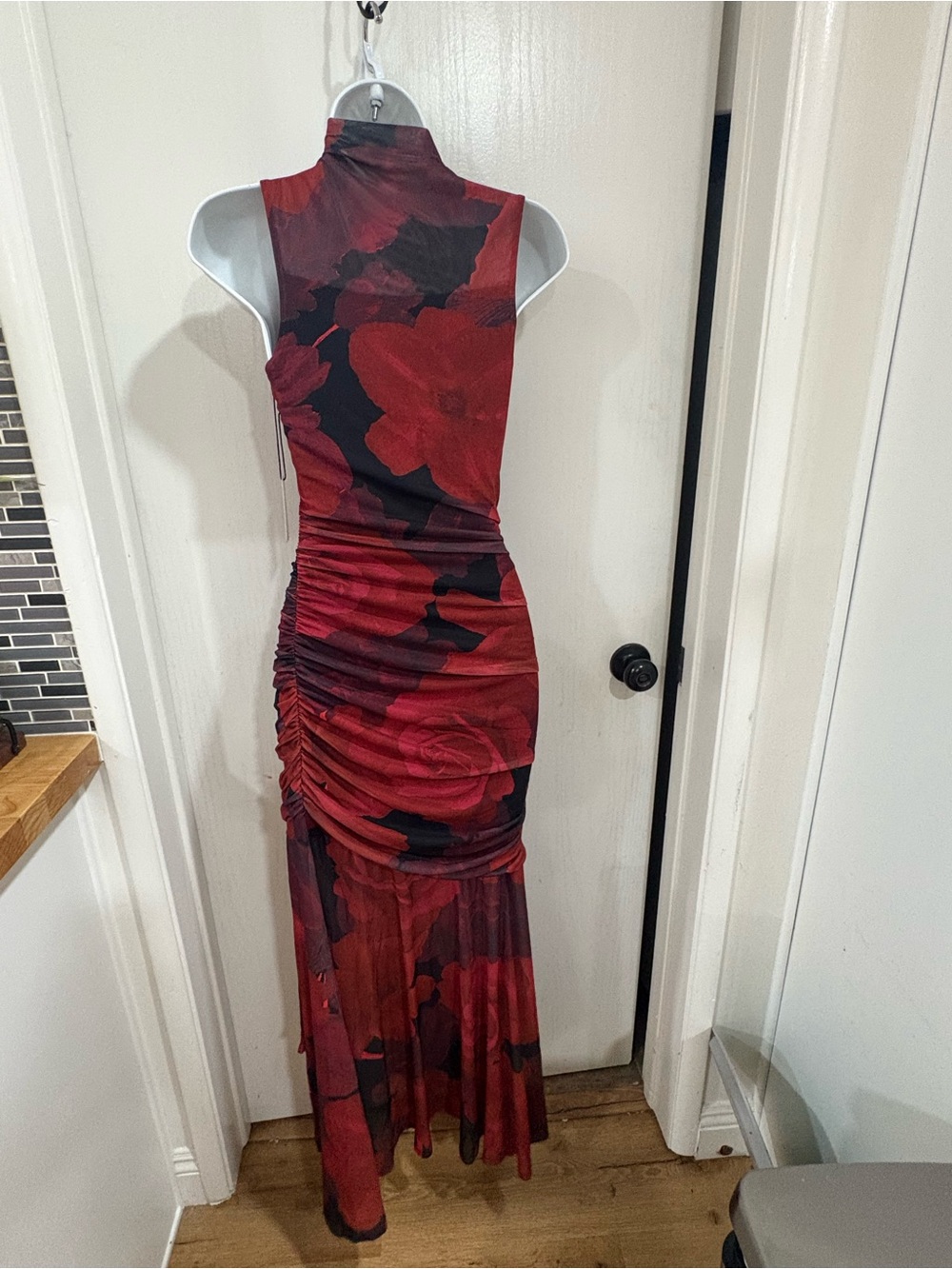 Sleeveless Red Retro evening whimsigoth Floral Ruched Maxi Dress - Picture 4 of 5